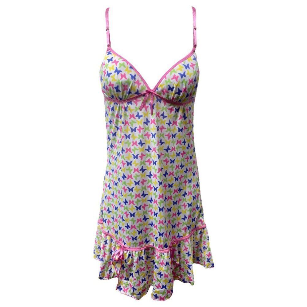 Inteco Womens Babydoll Chemise White Pink Butterfly Print Stretch Ruffles Bow L